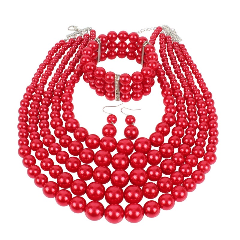 KOSMOS-LI Multi Layer Pearl Strand Necklace Bracelet And Earring Faux Red Pearl Jewelry Set For Women - Image 1